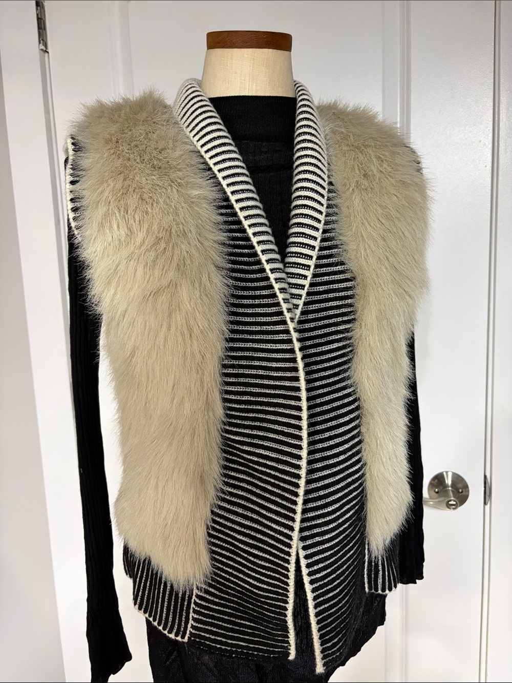 Banana Republic Black & White Striped Knit Vest with Beige Faux-Fur Trim